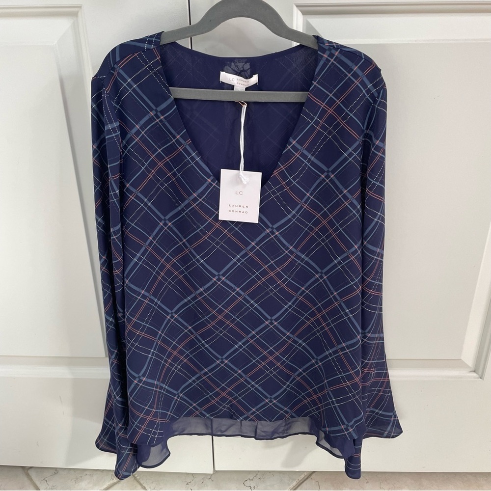 NWT LC Lauren Conrad Plaid V Neck Lace Back Insert Bell Sleeve Popover Top